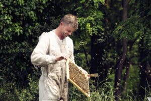 Le producteur Pierrick Marnat dans son rucher